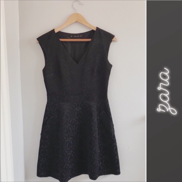 Zara Solid Damask Fit and Flare Dress in Black • S - Picture 1 of 6